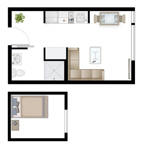 Floor plan for studio, 1 bath, 308 sqft